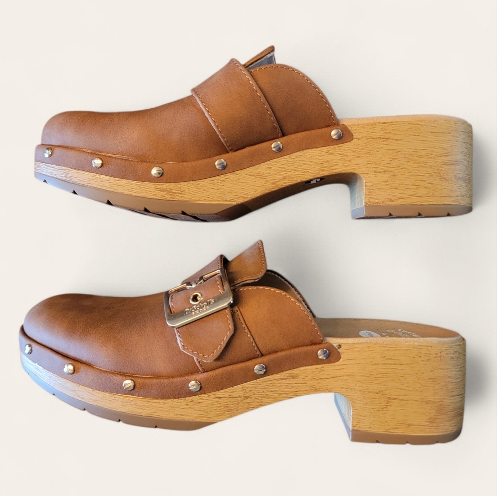 Dr Scholl’s Original Clogs Women Size 8 Brown Buckle Wood Platform‎ EUC